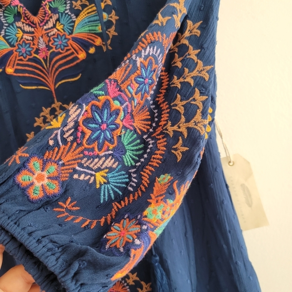 NEW Embroidered Floral V-Neck Balloon Sleeve Shirt Blue Swiss Dot Boho Hippie - Picture 8 of 11